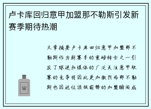卢卡库回归意甲加盟那不勒斯引发新赛季期待热潮